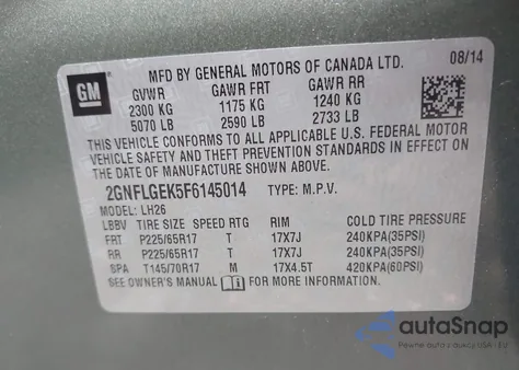 2015 Chevrolet Equinox 2Lt из США, поврежденный, VIN 2GNFLGEK5F6145014